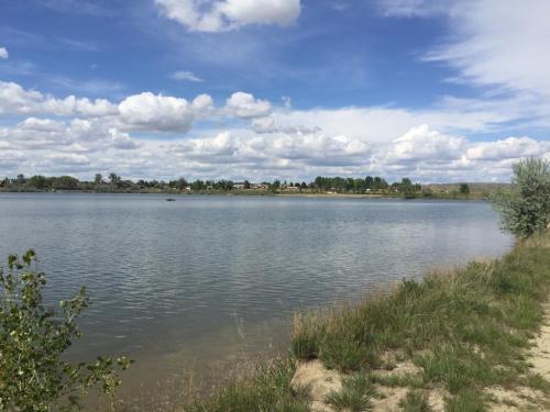 A serene lake surrounded by greenery and trees, with a blue sky filled with fluffy clouds.