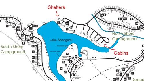 Map of Lake Absegami area showing campgrounds, shelters, cabins, and recreational facilities.