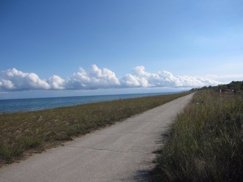 A serene coastal path lined with grass, leading to a calm sea under a blue sky with fluffy clouds.