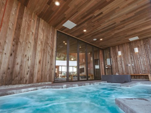 A modern indoor hot tub surrounded by wooden walls and ceiling, with soft lighting and a serene atmosphere.