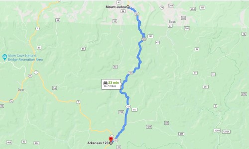 Map showing a route from Arkansas 123 to Mount Judea, with a travel time of 23 minutes over 14.7 miles.