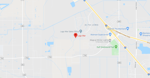 Map showing the location of Lago Mar, near Alta Loma and Gulf Greyhound Park, with nearby roads and landmarks.