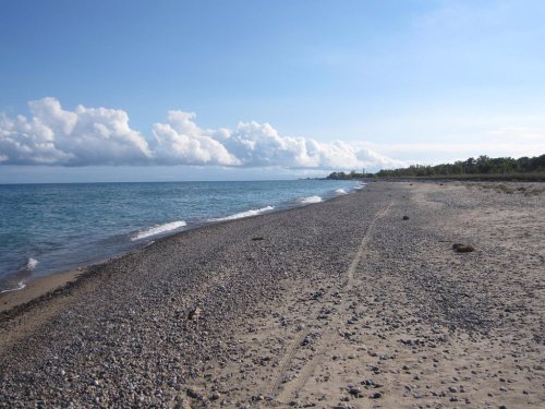 A serene beach scene with pebbles, gentle waves, and a clear blue sky dotted with clouds.