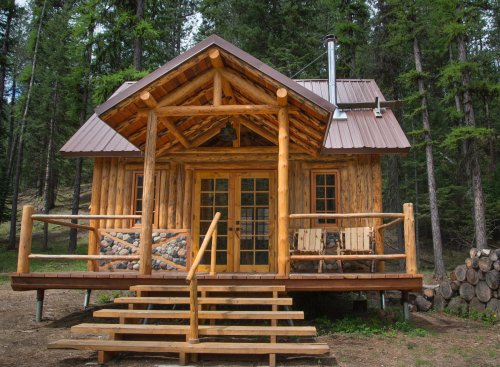 A rustic log cabin with a porch, surrounded by tall trees in a forested area.