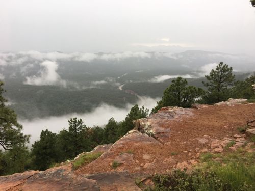 A misty landscape view from a rocky ledge, with dense forests and a winding river below, under cloudy skies.