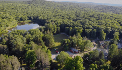 Aerial view of a lush green forest with a serene pond and a small clearing, surrounded by mountains in the background.