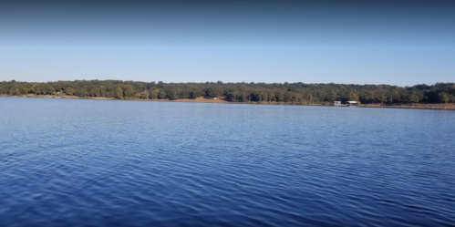 A calm lake with gentle ripples, surrounded by trees and a clear blue sky in the background.