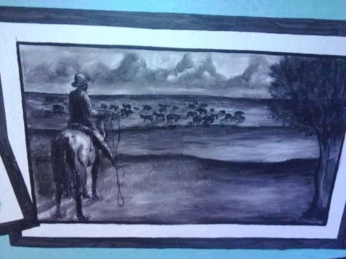 A monochrome drawing of a cowboy on horseback watching a herd of cattle in a vast landscape under a cloudy sky.