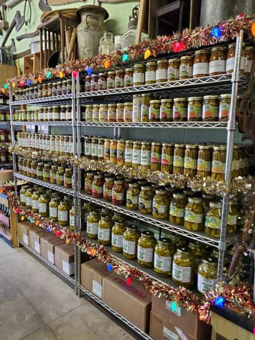Shelves filled with jars of pickles and preserves, decorated with colorful lights and tinsel.