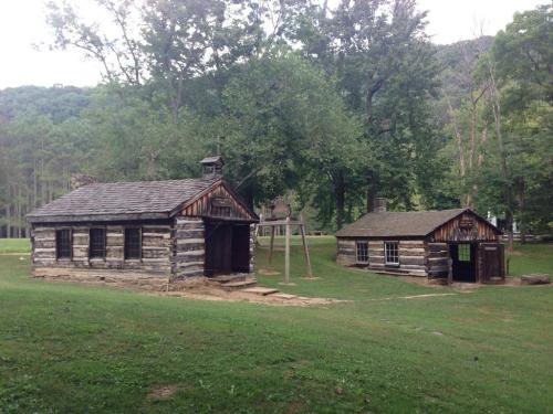 Two rustic log cabins surrounded by trees, set in a grassy area with a mountain backdrop.