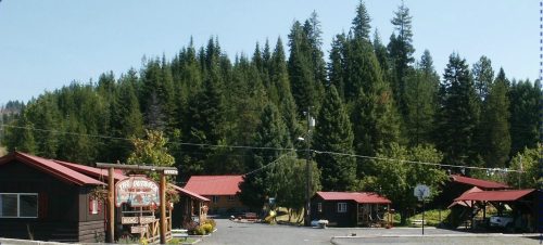 A rustic lodge with red-roofed cabins surrounded by tall green trees under a clear blue sky.