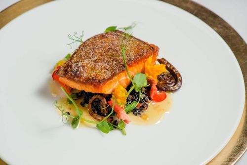 A beautifully plated dish featuring seared salmon on a bed of vegetables and garnished with microgreens.