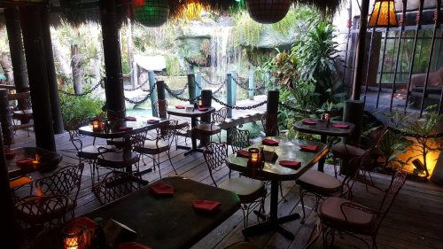 A tropical-themed restaurant with wooden tables, chairs, and lush greenery, featuring a waterfall in the background.