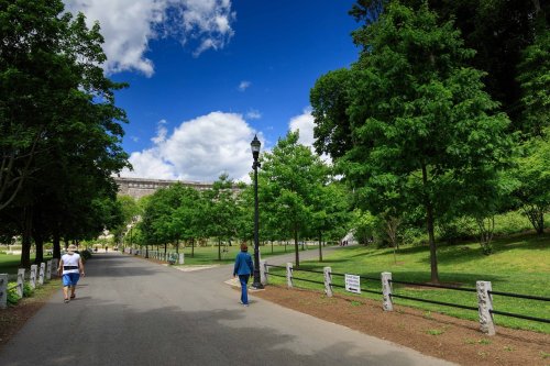 A scenic park path lined with trees, featuring two people walking and a bright blue sky with fluffy clouds.