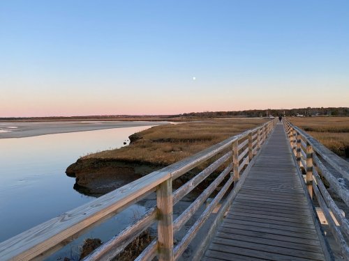 A wooden boardwalk stretches over calm waters, with a pastel sky and a rising moon in the background.