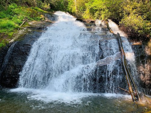 A cascading waterfall flows over rocky steps, surrounded by lush green foliage and trees.