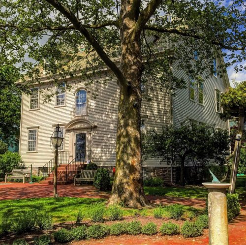 A large, historic house surrounded by greenery and benches, with a tall tree in the foreground and a clear blue sky.