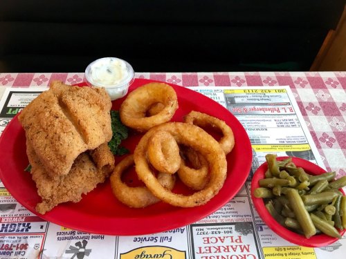 A red plate with fried fish, onion rings, green beans, and a small cup of dipping sauce on a checkered tablecloth.