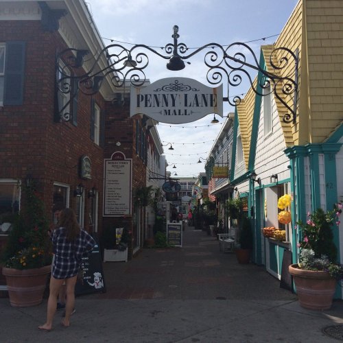 A charming shopping alley with a "Penny Lane Mall" sign, lined with colorful buildings and decorative plants.