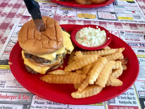 A cheeseburger with two patties and melted cheese, served with crinkle-cut fries and a side of coleslaw on a red plate.