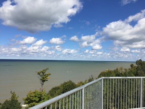 A scenic view of a lake under a blue sky filled with fluffy clouds, framed by trees and a railing in the foreground.