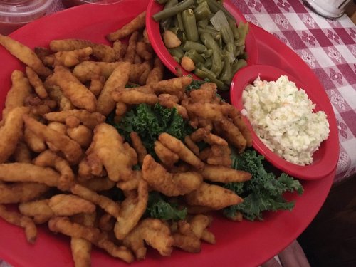 A red platter filled with crispy fried fish, green beans, and coleslaw on a bed of kale, set on a checkered tablecloth.