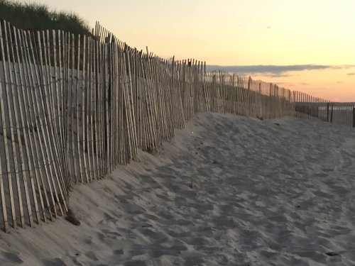 A sandy beach at sunset with a wooden fence lining the shore and grass-covered dunes in the background.