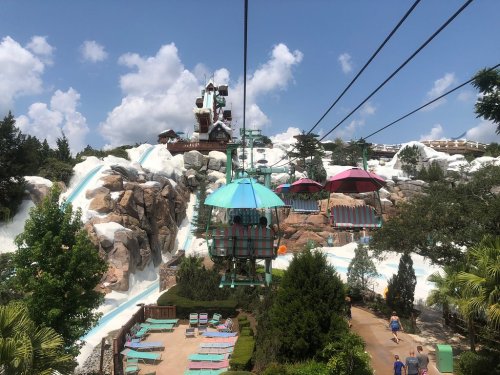 A scenic view from a chairlift at a water park, featuring slides, lush greenery, and a blue sky with clouds.