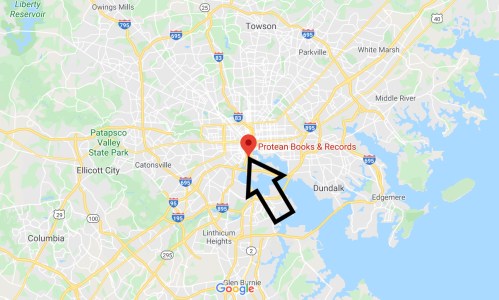 Map highlighting the location of Protean Books & Records in Baltimore, Maryland, with an arrow pointing to it.