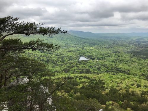 A panoramic view of lush green forests and a small lake under a cloudy sky from a mountain overlook.