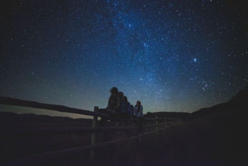 Silhouettes of people sitting on a fence under a starry night sky with a clear view of the Milky Way.