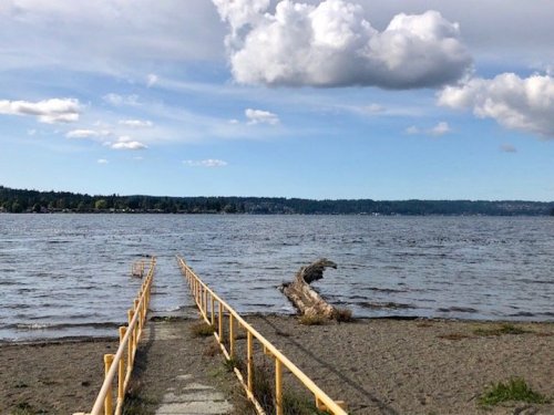 A sandy beach with a wooden walkway leading to the water, under a blue sky with fluffy clouds.