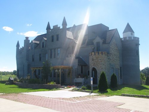 A large, gray stone castle with turrets and a tower, set against a clear blue sky and green grass.