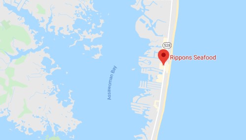Map showing Rippons Seafood location near Assawoman Bay, with nearby waterways and land features.