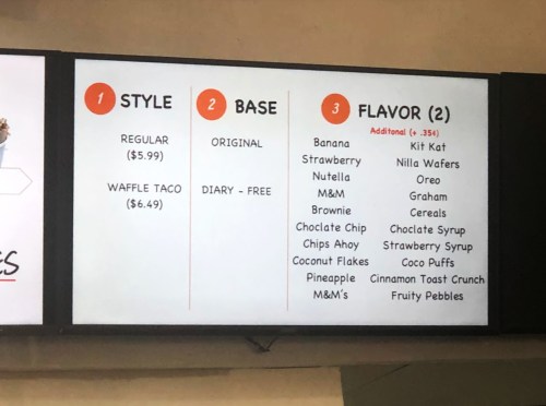 Menu board displaying options for style, base, and flavors of desserts, including prices and additional items.
