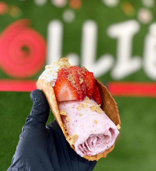 A hand holding a rolled ice cream dessert topped with strawberries and crushed graham crackers against a colorful background.
