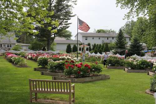 A vibrant garden filled with blooming flowers, an American flag waving, and a person tending to the plants.