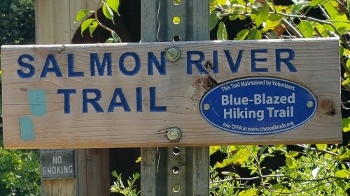 Wooden sign for Salmon River Trail, featuring blue blazes and a note about volunteer maintenance. No smoking sign nearby.