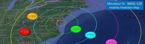 Visibility prediction map for Minotaur IV NROL-129, showing range circles in the eastern U.S. with color-coded visibility levels.