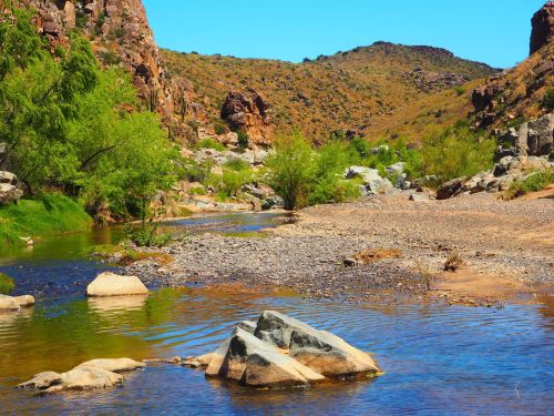 A serene river flows through a rocky landscape, surrounded by green trees and hills under a clear blue sky.