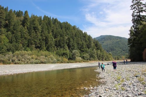 A serene riverbank scene with people walking along a rocky shore, surrounded by lush green trees and mountains in the background.