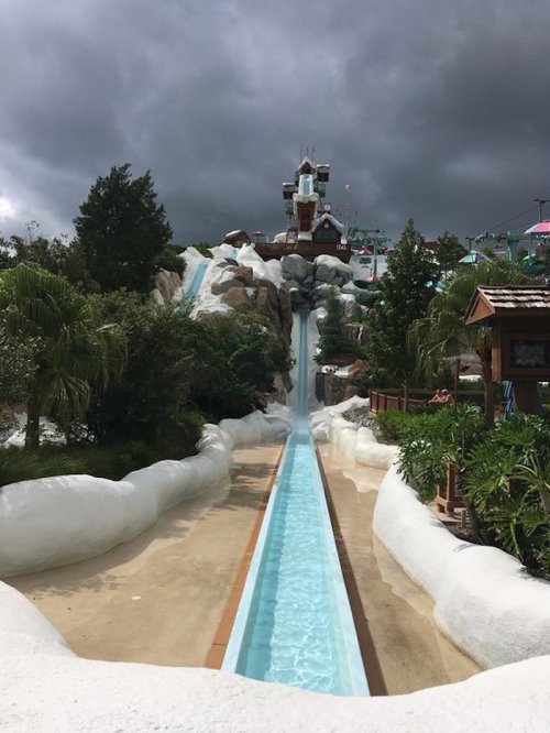 A water slide descends from a tall structure, surrounded by greenery and a cloudy sky.