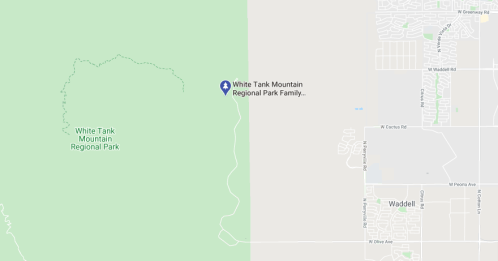 Map showing White Tank Mountain Regional Park and surrounding areas, including Waddell and nearby roads.