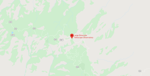 Map showing the location of the Large Binocular Telescope Observatory in a mountainous area.