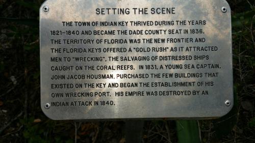 A historical plaque detailing the town of Indian Key's significance from 1821-1840 and its connection to shipwrecks.