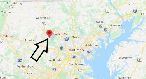 Map showing the location of Twin Kiss, marked with a red pin, near Baltimore, Maryland.