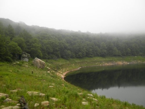 A misty landscape featuring a calm lake surrounded by lush green trees and rocky terrain.