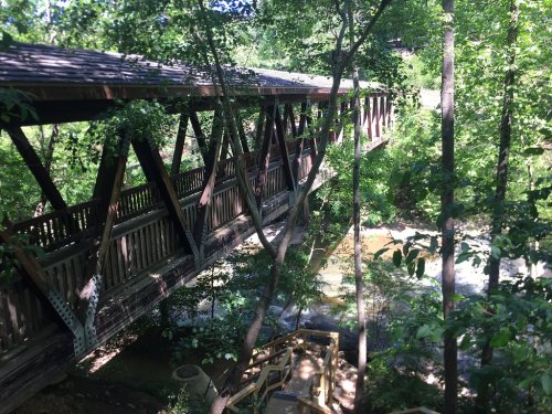 A wooden bridge spans a creek, surrounded by lush green trees and foliage. Sunlight filters through the leaves.