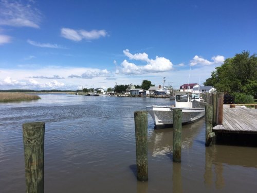 A calm river scene with a white boat docked near wooden posts, surrounded by greenery and a blue sky with clouds.