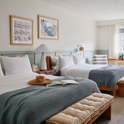 A cozy hotel room with two beds, a lamp, artwork on the walls, and a small seating area with a plant.
